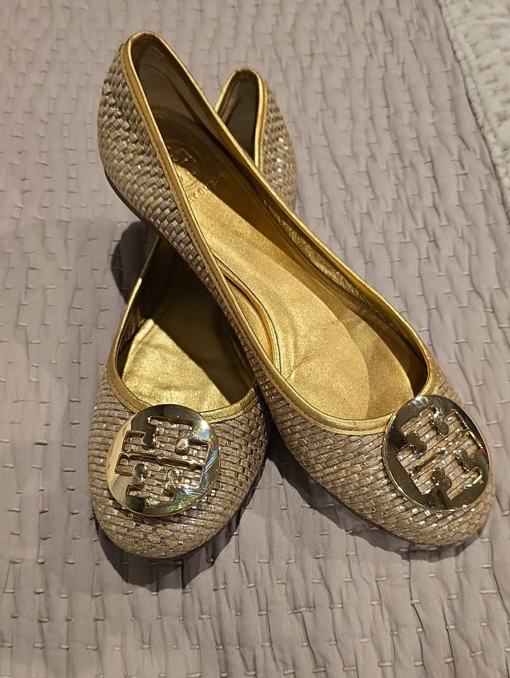 Tory Burch Metallic Gold Woven Logo Ballet Flats Size 11 M